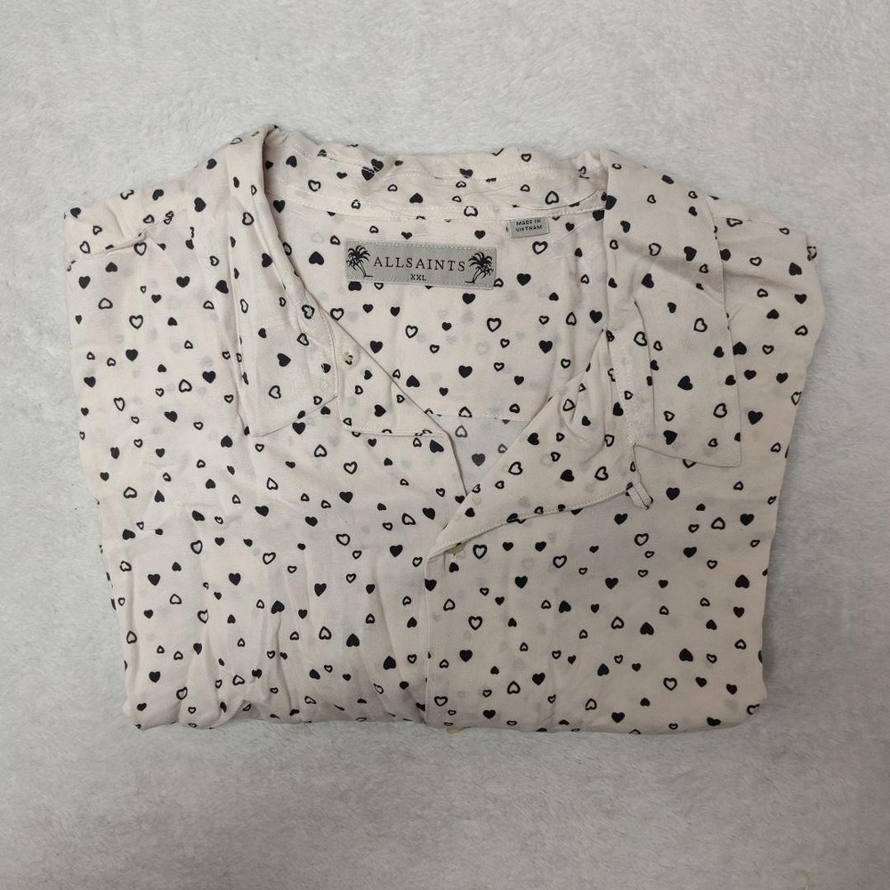 AllSaints Button-Up Shirt Womens XXL White Polka Dot Short Sleeve Viscose Rayon